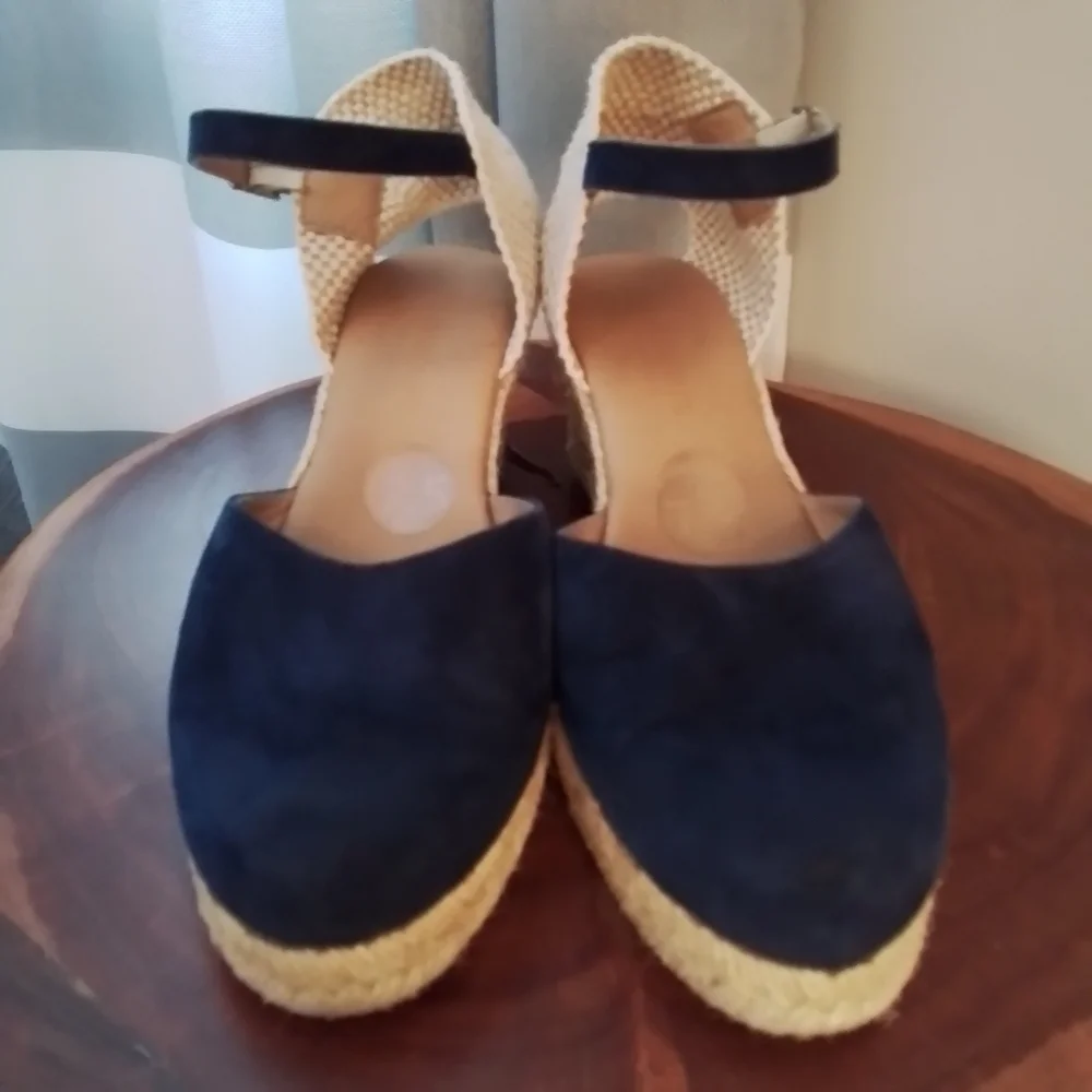 Paseart Navy Blue Suede Closed Toe Espadrille Wedge Shoes - 38/7.5